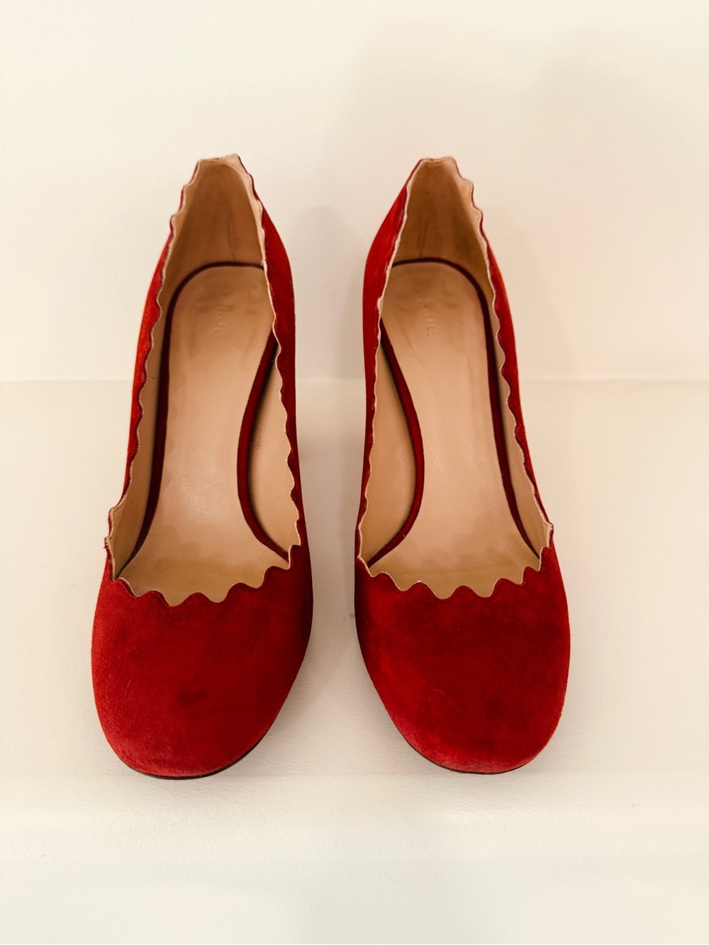 Chloe Lauren Red Scalloped Suede Heels